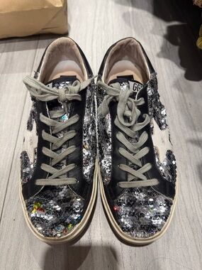 Golden Goose Silver Sequin Low-Top Sneakers with Black Trim